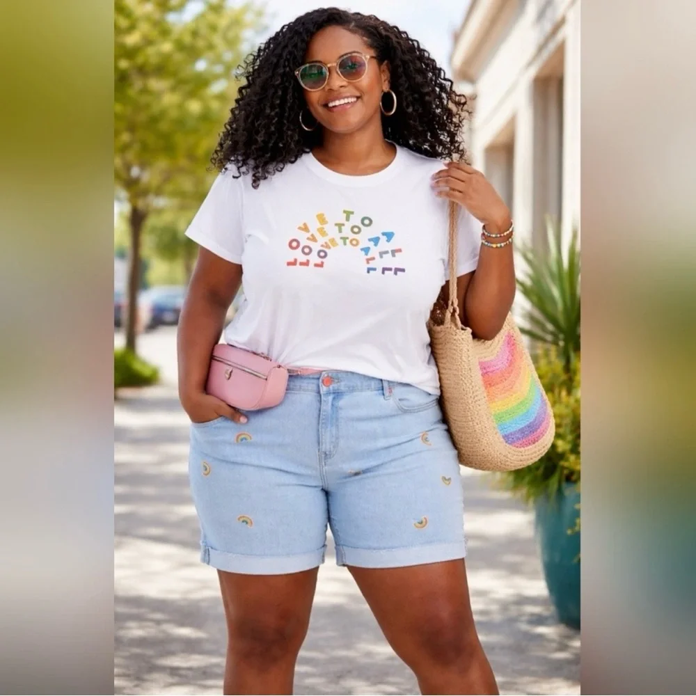 Lane Bryant Light‎ Wash Embroidered Rainbow Shorts - Size 18